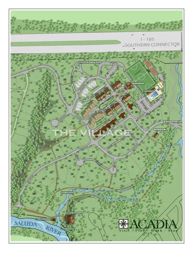 Site map of the Acadia residential community in Greenville, SC, highlighting layout, amenities, and river frontage.