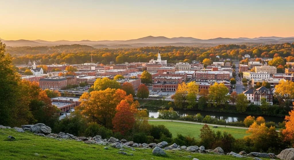Panoramic view of downtown Greenville, SC during autumn with mountains in the background.