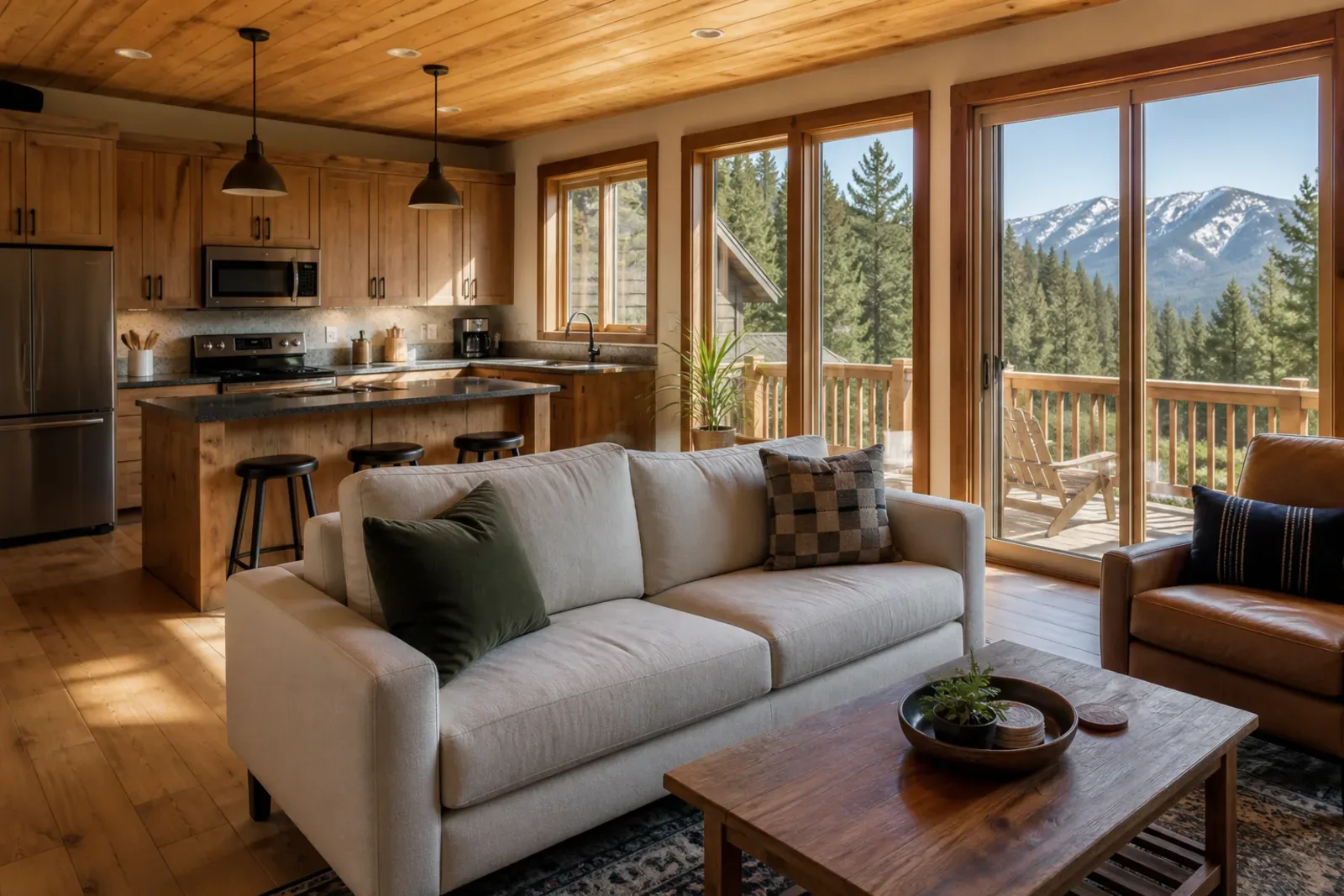 Modern rustic cabin interior with open kitchen, living room, and deck showing mountain views.